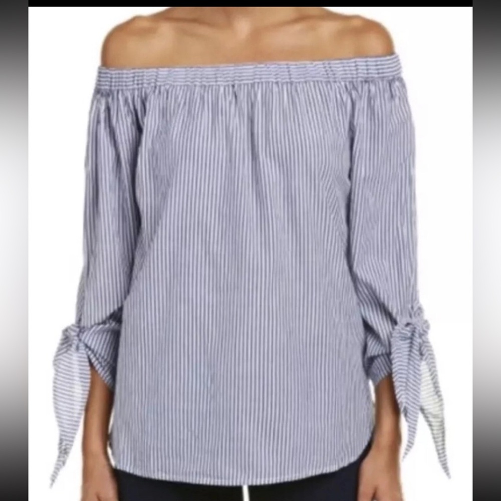 Beachlunchlounge Striped Off-Shoulder Women's Top Sz Lg blue white